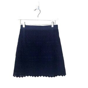 LOFT Women Skater Skirt SZ 00 Navy Short Embordered Lace Lined Scalloped Neutral